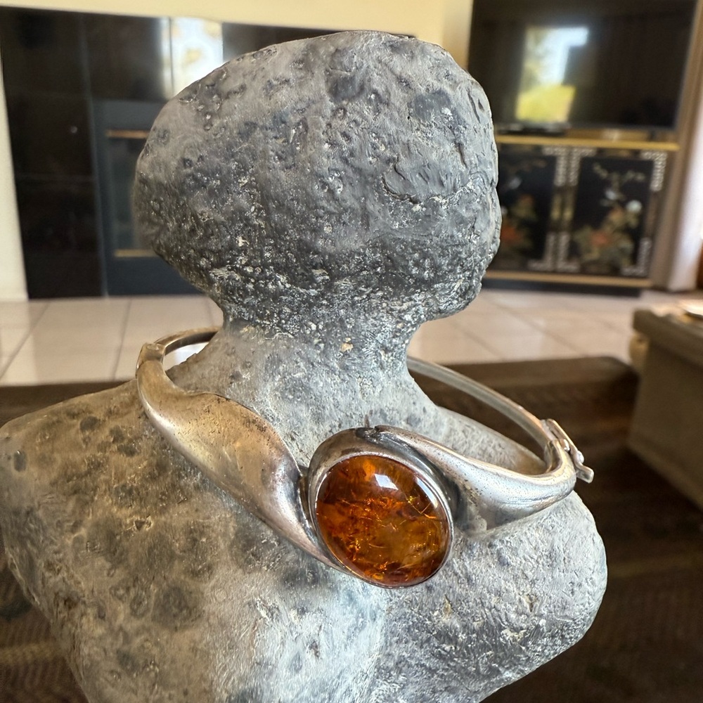 Antique Polish silver bracelet with amber stone-925 silver  stamp